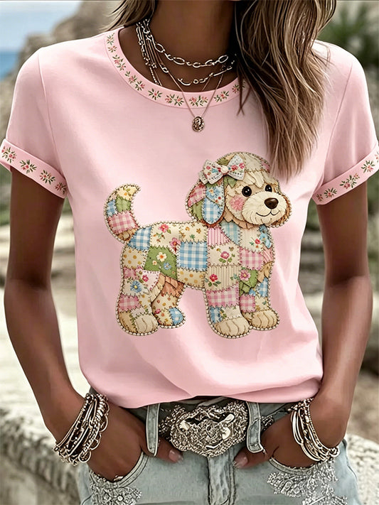 Women's Floral Dog Print Casual Tee