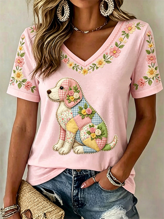 Women's Floral Dog Print Casual V-Neck Tee