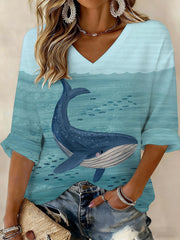 Women's Whale World Ocean Day Printed Waffle T-shirt