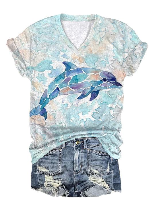 Women's Dolphin World Ocean Day Printed V-neck T-shirt
