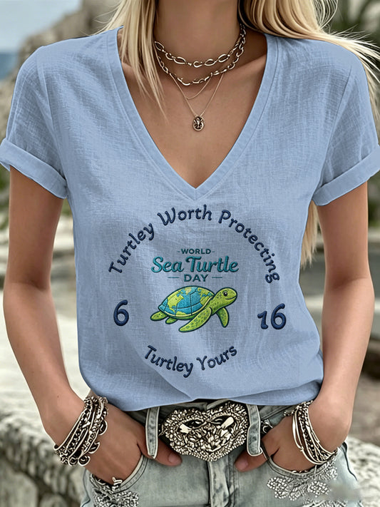 Women's World Ocean Day Print V-Neck Casual T-Shirt