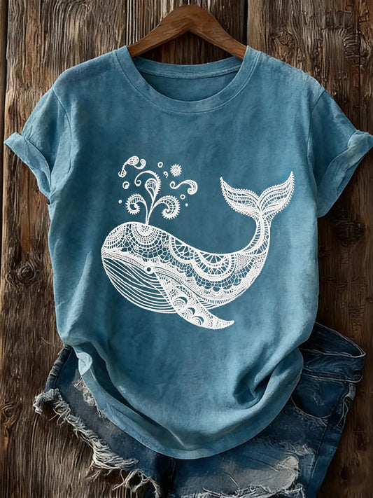 Women's Elegant Lace Patchwork Art Whale Pattern T-Shirt