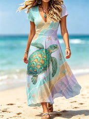Women's Ocean Animals Turtle Printed V-Neck Dress