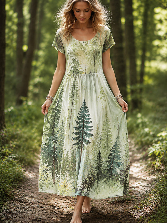 Women's Forest Print Cotton-Linen Dress