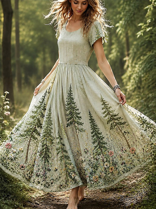 Women's Forest Print Cotton-Linen Dress