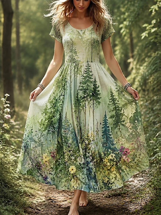 Women's Forest Print Cotton-Linen Dress