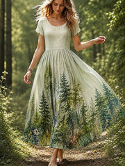 Women's Forest Print Cotton-Linen Dress