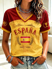 Women's Spanish Football Printed V-neck T-shirt