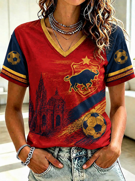 Women's Spanish Football Printed V-neck T-shirt