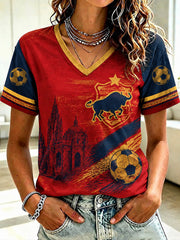 Women's Spanish Football Printed V-neck T-shirt