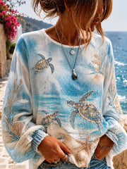 Women's Sea Turtle Floral Print Cotton-Linen Shirt