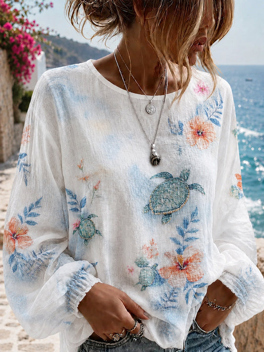 Women's Sea Turtle Floral Print Cotton-Linen Shirt