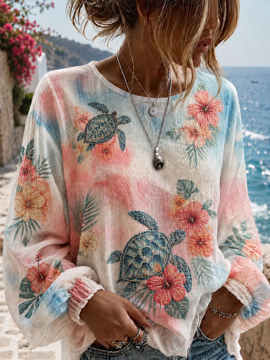 Women's Sea Turtle Floral Print Cotton-Linen Shirt