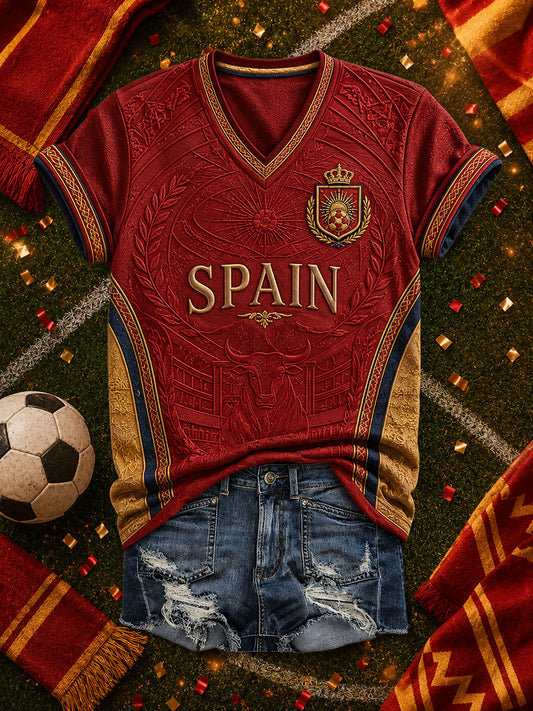 Women's Spanish Football Printed V-neck T-shirt
