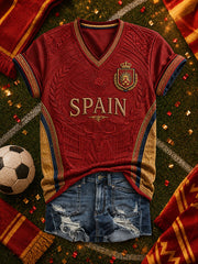 Women's Spanish Football Printed V-neck T-shirt