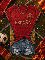 Women's Spanish Football Printed V-neck T-shirt
