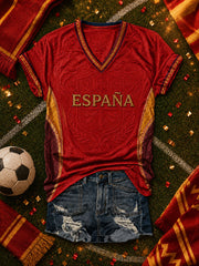 Women's Spanish Football Printed V-neck T-shirt