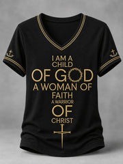 Women's Christian Woman Of God Print Casual V-Neck Tee
