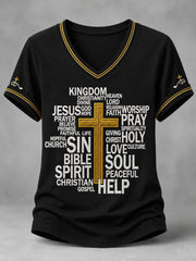 Women's Christian Jesus Print Casual V-Neck Tee