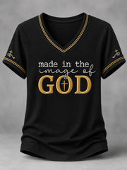 Women's Made In The Image Of God Print Casual V-Neck Tee