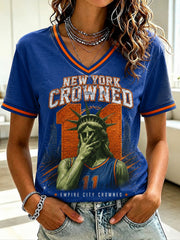 Women's New York Champions 2026 Printed V-neck T-shirt