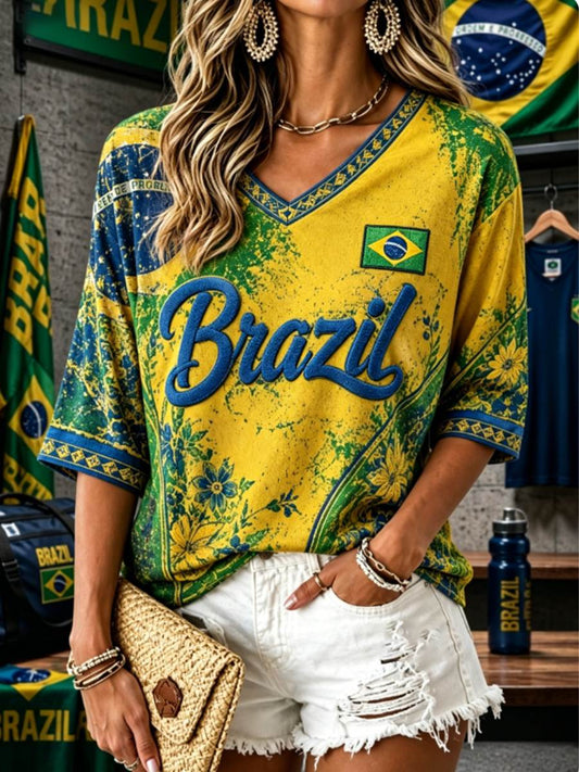 Women's Mid-length Sleeves V-Neck T-Shirt