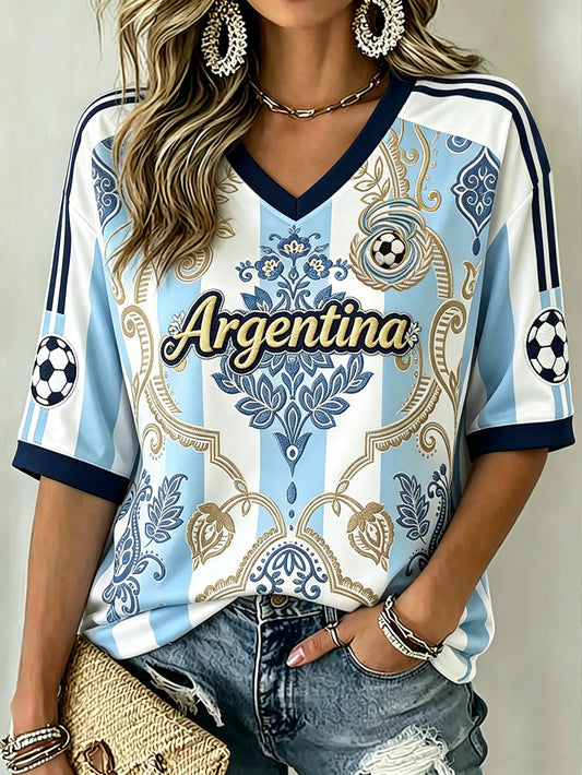 Women's Soccer Element Color-blocking Design Casual  Mid-length Sleeves V-Neck T-Shirt
