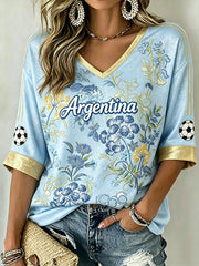 Women's Soccer Element Color-blocking Design Casual  Mid-length Sleeves V-Neck T-Shirt
