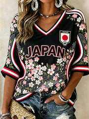 Women's Japan Football Cherry Blossom Art Print Mid-length Sleeves V-Neck T-Shirt