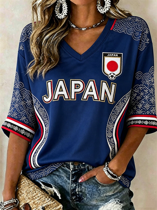 Women's Japan Football Japanese Sashiko Art Print Mid-length Sleeves V-Neck T-Shirt