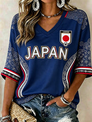 Women's Japan Football Japanese Sashiko Art Print Mid-length Sleeves V-Neck T-Shirt