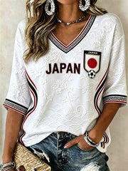 Women's Japan Football Cherry Blossom & Sea Waves Art Print Mid-length Sleeves V-Neck T-Shirt