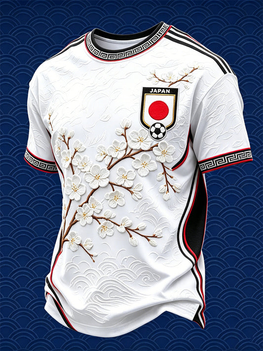 Men's Japan Football Cherry Blossom & Sea Waves Art Print short sleeves t-shirt