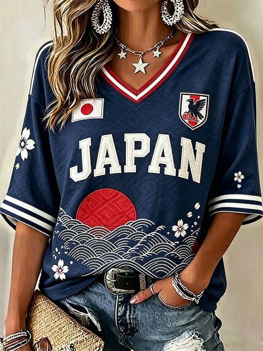 Women's Japan Football Inspired Pattern Print Mid-length Sleeves V-Neck T-Shirt