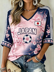 Women's Japanese Art Style Football Element Print Casual Mid-length Sleeves V-Neck T-Shirt