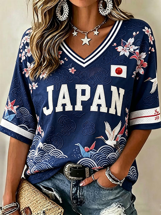 Women's Japanese Art Print Football Inspired Mid-length Sleeves V-Neck T-Shirt
