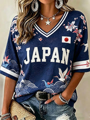 Women's Japanese Art Print Football Inspired Mid-length Sleeves V-Neck T-Shirt