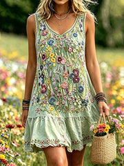 Women's Elegant Floral Cotton Linen Dress