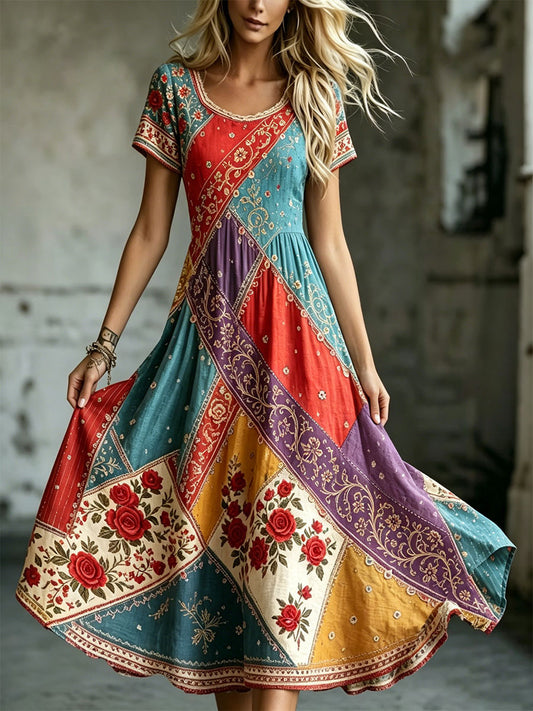 Women's Elegant Floral Cotton Linen Dress