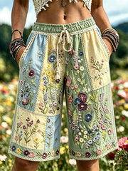Women's Elegant Floral Cotton Linen Shorts