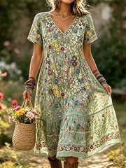 Women's Elegant Floral Cotton Linen Dress