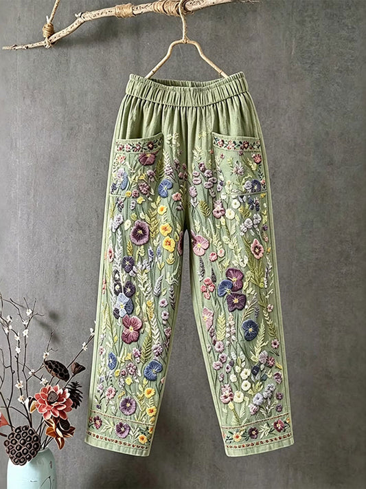 Women's Elegant Floral Cotton Linen Pants