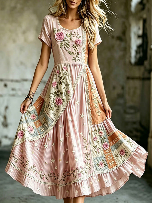 Women's Elegant Floral Cotton Linen Dress