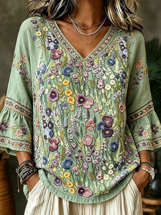 Women's Elegant Floral Cotton Linen Top
