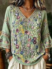 Women's Elegant Floral Cotton Linen Top