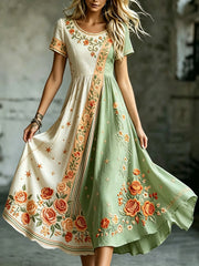 Women's Elegant Floral Cotton Linen Dress
