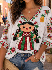 Women's Mexico Guelaguetza Lele Doll Art Printed Linen T-shirt