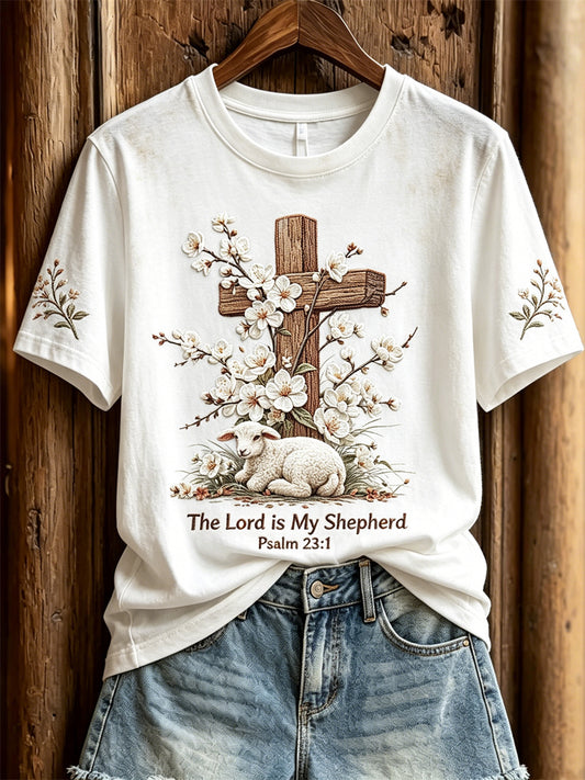 Women's The Lord is My Shepherd Sheep & Floral Cross Print short-sleeved T-shirt
