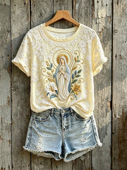 Women's Vintage Virgin Mary Floral Print Faith Short-sleeved T-shirt