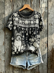 Women's Cute Terrier Dog Art Floral Print Short-sleeved T-shirt